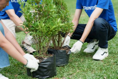 Çöp torbalarıyla park alanını temizleyen Asyalı gönüllüler. Ekoloji, hayır kurumu konsepti.