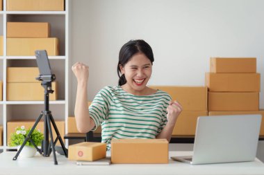 Laptop ve paket kutusu olan bir iş kadını. E-Ticarette KOBİ Başarı Sembolü