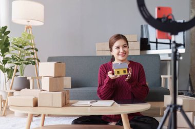 Laptop ve paket kutusu olan bir iş kadını. E-Ticarette KOBİ Başarı Sembolü