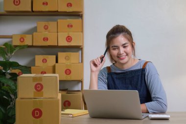 Ev ofisinde çalışan küçük ve orta büyüklükte bir serbest çalışan. Başlangıç ve Çevrimiçi KOBİ iş kavramı.