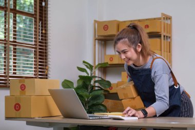 Ev ofisinde çalışan küçük ve orta büyüklükte bir serbest çalışan. Başlangıç ve Çevrimiçi KOBİ iş kavramı.