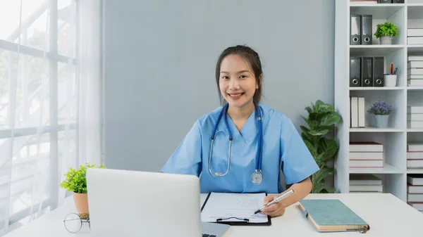 Professional Young Woman Asian Doctor Using Laptop Working Desk Clinic — Stock Photo, Image
