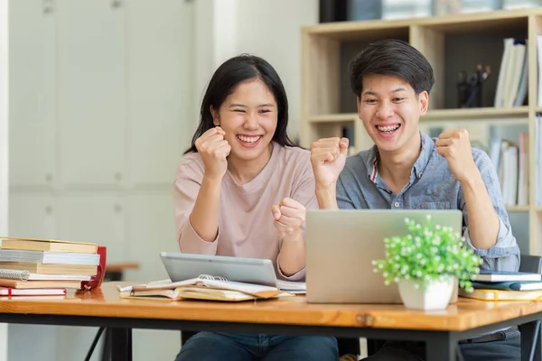 Two Asian Students Learning Together Tutor Together Cafe Celebrate While — Stock Photo, Image