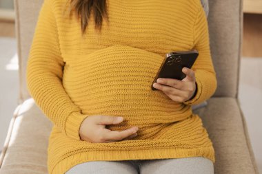 Mutlu Asyalı hamile kadın oturma odasında kanepede dinlenirken akıllı telefon kullanıyor..