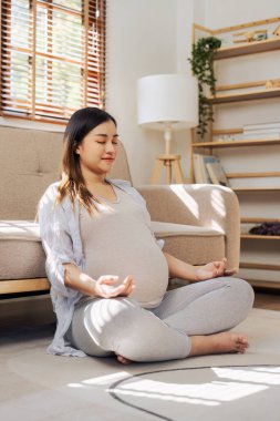 Sağlıklı Hamilelik Yogası ve Fitness. Genç hamile yoga kadını ve oturma odasında meditasyon..