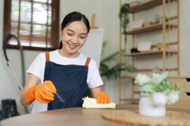 Genç kadın sprey kullanıp oturma odasındaki mikrofiber bezle masayı siliyor..