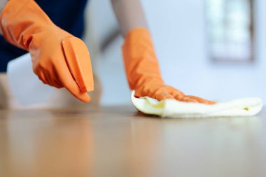 Genç kadın sprey kullanıp oturma odasındaki mikrofiber bezle masayı siliyor..