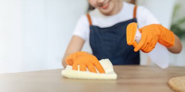 Genç kadın sprey kullanıp oturma odasındaki mikrofiber bezle masayı siliyor..