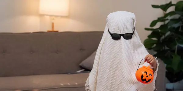 Children Cosplay White Sheet Ghost Sunglasses Holding Bucket Pumpkins Halloween — Stock Photo, Image