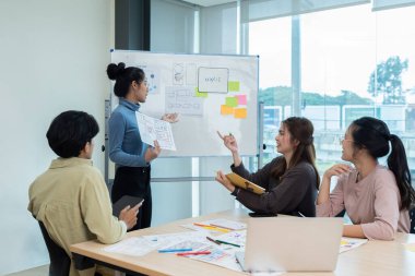Ax geliştirici ve ui tasarımcılarından oluşan bir takım, arayüz ve kablo tasarımı için beyin fırtınası yapıyor. Yaratıcı dijital geliştirme ajansı.