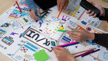 Ax geliştirici ve ui tasarımcılarından oluşan bir takım, arayüz ve kablo tasarımı için beyin fırtınası yapıyor. Yaratıcı dijital geliştirme ajansı.