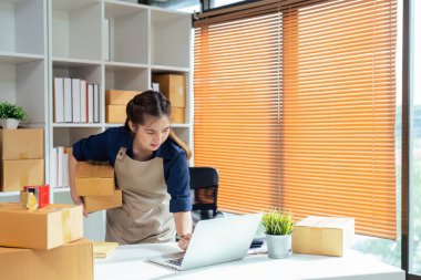 Genç kadın çevrimiçi işyeri sahibi paketin teslimatı için dizüstü bilgisayar kullanıyor..