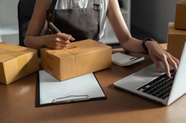 Girişimci kız Küçük KOBİ işletme sahipleri iş yerinde dizüstü bilgisayarlarla çalışıyorlar. Çevrimiçi satış yapan müşterilere teslim etmek için paket karton kutularla.