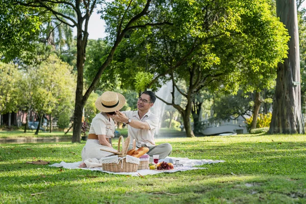 Yaşlı ve evli bir çift parkta piknik yapıyor. üst düzey emekli kavramsal.