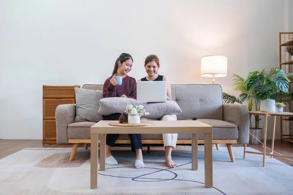 Two woman communicate with their friends and classmate via video link using a laptop and smartphone in the living room. Friends, friendship, time together.