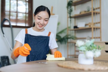 Genç kadın, evdeki masayı temizlemek için bez ve dağıtıcı kullanmaktan mutlu..