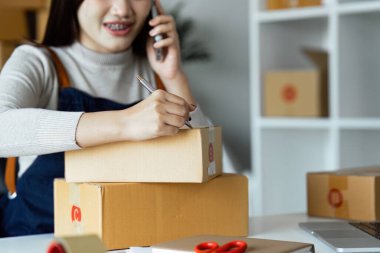 Genç iş kadını girişimci çevrimiçi sevkiyat işi müşteriye göndermek üzere paketler hazırlıyor. e-ticaret konsepti.