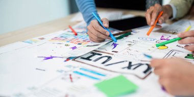 UI UX web tasarımcısı ekibi UI UX ön uç tasarımcısı önizlemeleri ile mobil yanıt veren web siteleri geliştirmek için birlikte çalışıyor.