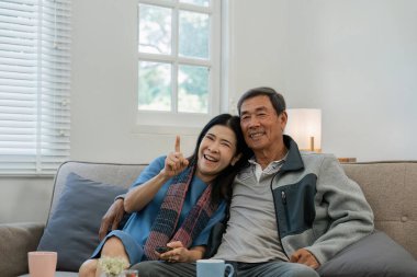 Rahatlayın, ev ve olgun çiftler kanepeye kurulun sağlıklı bir ilişki ve evlilik için sarılın. Emeklilik, mutlu.