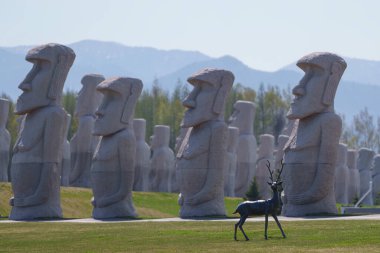 JAPAN - MAY 1, 2024: Moai Heads, the statue in Makomanai Takino Cemetery in Sapporo, Japan.