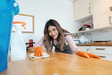 Eldiven giyen bir kadın mutfak tezgahını sprey şişesi ve bezle temizliyor. Düzenli ve düzenli bir ev ortamı sergiliyor..