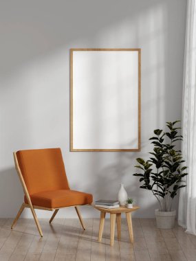 Turuncu bir sandalye, ahşap masa, boş çerçeve ve saksı bitkisinin yer aldığı şık, minimalist bir iç mekan, kişiselleştirme ve tasarım için mükemmel..