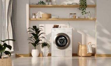 Modern bir çamaşır makinesi, doğal dekor elementleri ve bol güneş ışığı barındıran güzel tasarlanmış bir çamaşır odası..