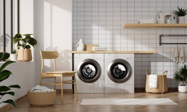 Çamaşır makinelerinin, ahşap rafların ve doğal güneş ışığıyla yıkanan kapalı alan bitkilerinin yer aldığı şık ve düzenli bir çamaşır odası..