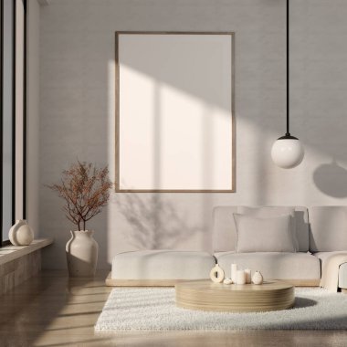 Rahat bir kanepe, yuvarlak kahve masası, büyük bir pencere ve şık bir dekorun yer aldığı parlak ve havadar bir minimalist oturma odası..