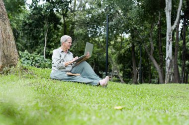Yeşillik ve ağaçlarla çevrili bir parkta oturmuş kitap okuyan kısa gri saçlı neşeli bir son sınıf öğrencisi..