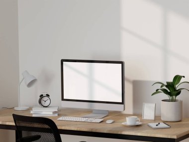 Bir bilgisayar, masa, lamba, saat ve bitkinin yer aldığı modern bir minimalist ofis kurulumunun 3D görüntüsü.