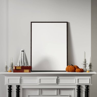 İçinde hayalet, balkabağı ve mumlarla süslenmiş minimalist şömine rafı olan 3 boyutlu bir resim, temiz estetik bir cadılar bayramı dekoru yaratıyor..