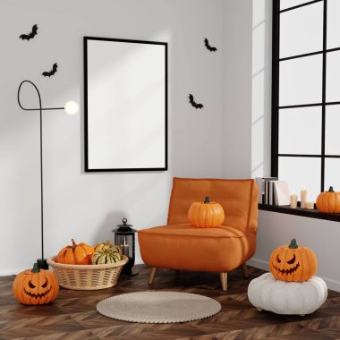 İçinde balkabağı süslemeli bir sandalye, bir sepet kabak ve bir fener bulunan 3 boyutlu rahat okuma köşesi, Cadılar Bayramı atmosferi sağlar..