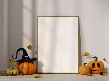 Cadılar Bayramı düzeninin 3 boyutlu bir canlandırması. Cadı şapkalı bir balkabağı, boş bir çerçeve ve sonbahar yaprakları. Şenlikli ama minimalist bir düşüş atmosferi yaratıyor..