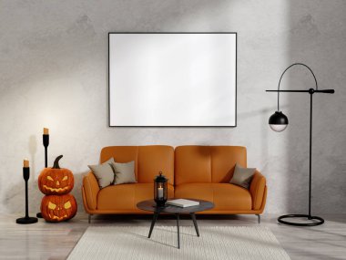 A 3D render featuring a modern living room with an orange sofa, jack-o-lanterns, and sleek lighting, offering a stylish and contemporary Halloween ambiance.