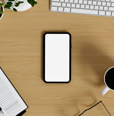 Bir akıllı telefonun merkezde görüntülendiği, bağlı ve modernize edilmiş dijital ayarlardaki eğilimleri vurgulayan, çağdaş bir çalışma alanının 3B canlandırmasıName.