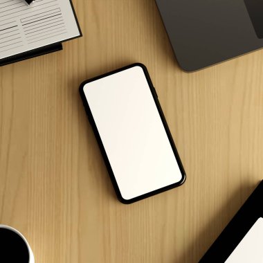 Akıllı telefon ve dizüstü bilgisayarla donatılmış, minimal ve verimli teknoloji odaklı ortamlarda eğilimleri gösteren 3 boyutlu bir çalışma alanı oluşturma.