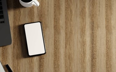 Akıllı telefon odaklı basit bir teknoloji çalışma alanının minimalist ve verimli dijital ortamlardaki eğilimleri vurgulayan üç boyutlu bir canlandırması.