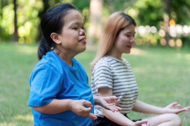 Two women meditating in a serene park, focusing on mindfulness and relaxation amidst natures tranquility. clipart