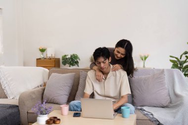 Güzel dekore edilmiş bir oturma odasında dizüstü bilgisayar kullanarak huzurlu bir anın tadını çıkaran bir çift..