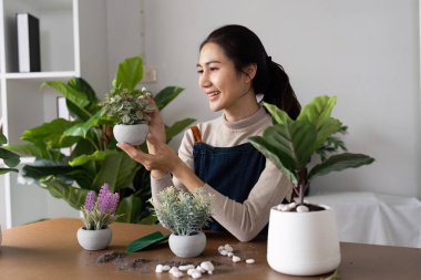 Gülümseyen bir kadın kapalı alandaki bitkileriyle ilgilenir, bahçe işlerine ve ev dekorasyonuna olan aşkını, parlak, modern bir mekanda gösterir..