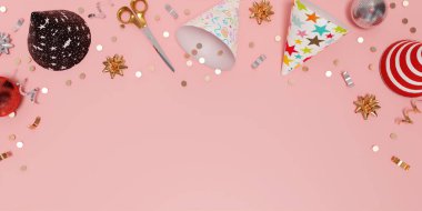 Parti şapkaları, konfetiler ve dekorasyonlar canlı kutlamalar için mükemmel pembe bir zemin üzerinde şenlikli bir ortam yaratıyor..
