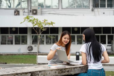 Üniversitenin avlusunda dizüstü bilgisayarla iş birliği yapan iki farklı kız öğrenci fikirleri paylaşıyor ve birlikte okuyorlar..