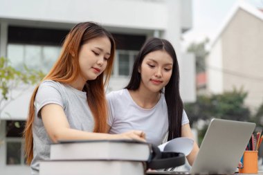 İki farklı üniversite öğrencisi kampüste güneşli bir günde açık havada kitaplarla ve bir dizüstü bilgisayarla çalışırlar..