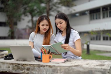 İki odaklanmış öğrenci notlarını gözden geçiriyorlar ve dışarıda bir masada dizüstü bilgisayarla birlikte çalışıyorlar. Takım çalışmalarını ve derslerine bağlılıklarını gösteriyorlar..