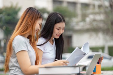 İki farklı üniversite öğrencisi çalışmalarını açık havada sürdürmeye, belgeleri incelemeye ve bir dizüstü bilgisayarın yanında iş birliği yapmaya odaklanmış..