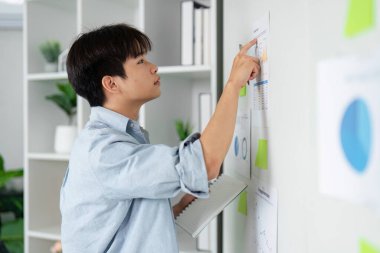 Bir duvarda sergilenen iş istatistiklerinde genç bir profesyonel puan, işbirlikçi bir ofis ortamında takım çalışması ve stratejik planlamayı vurguluyor.