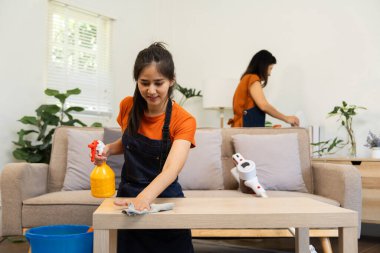 Bir kadın sprey şişesi ve bezle masayı özenle temizler, düzenli bir ev bakımına olan bağlılığını vurgular..