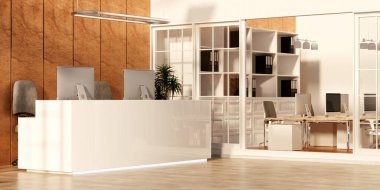 Gösterişli bir masa ve modern dekorun sergilendiği şık bir resepsiyon alanı. Profesyonel ortamlarda müşterileri karşılamak için mükemmel..