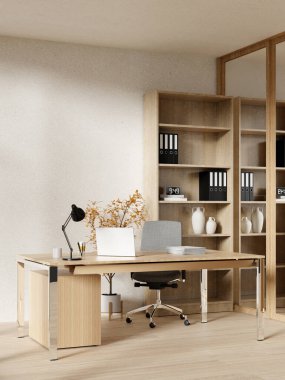 Masaüstü, modern sandalye ve organize rafları olan zarif bir ofis, profesyonel ayarlar ve yaratıcı projeler için ideal..